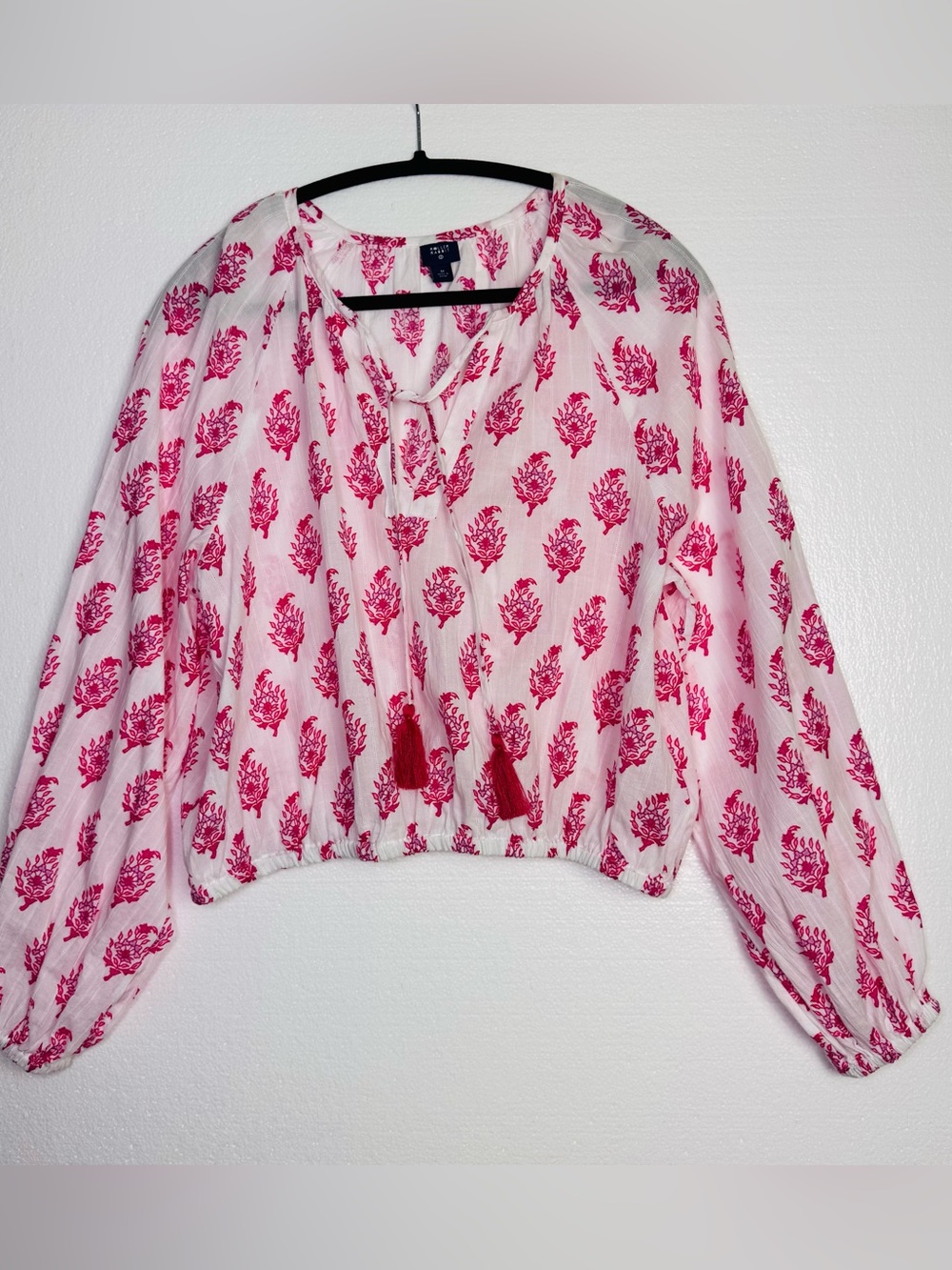 Roller Rabbit Target Red White Boho Floral Cropped Long Sleeve Blouse size M